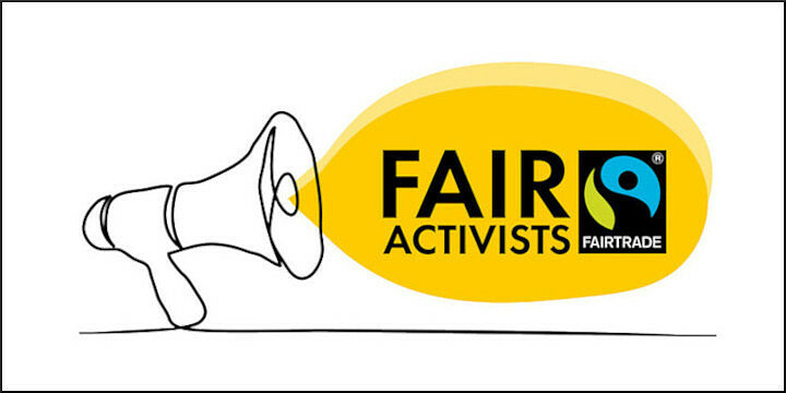 Gezeichnetes Megafon mit gelber Sprechblase, darin das Wort "FairActivists" und das Fairtrade-Siegel